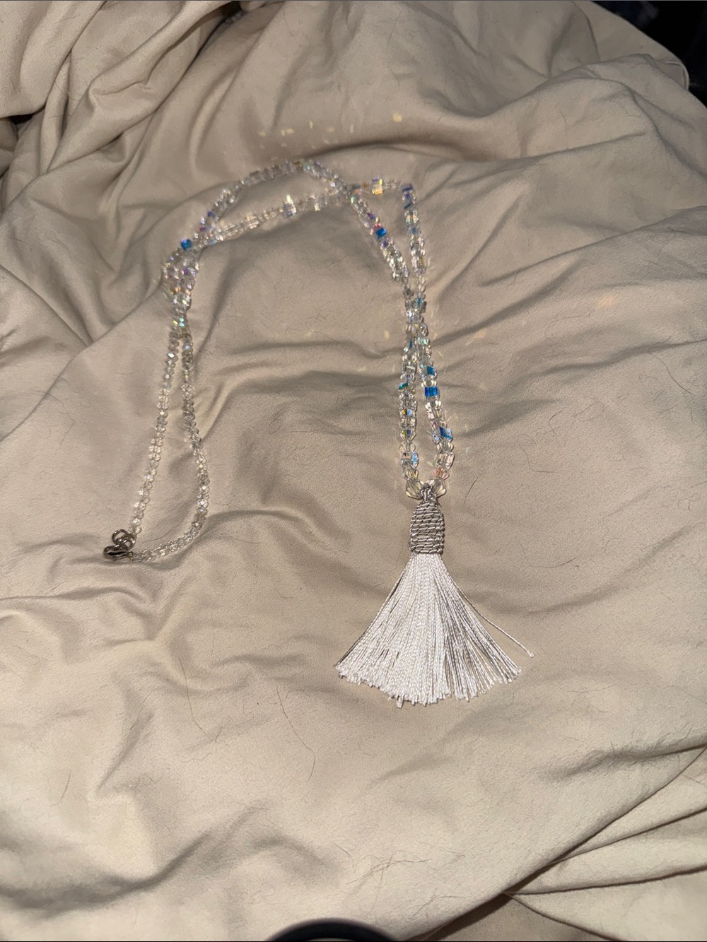 Swarovski Crystal Beaded Necklace with White Tassel LONG NEW